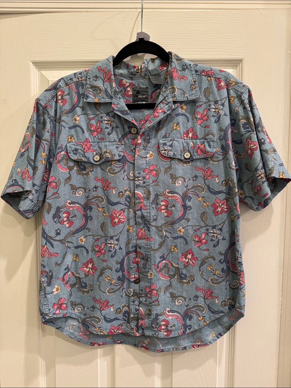 Lizwear vintage floral denim button down short sleeve blouse M petite